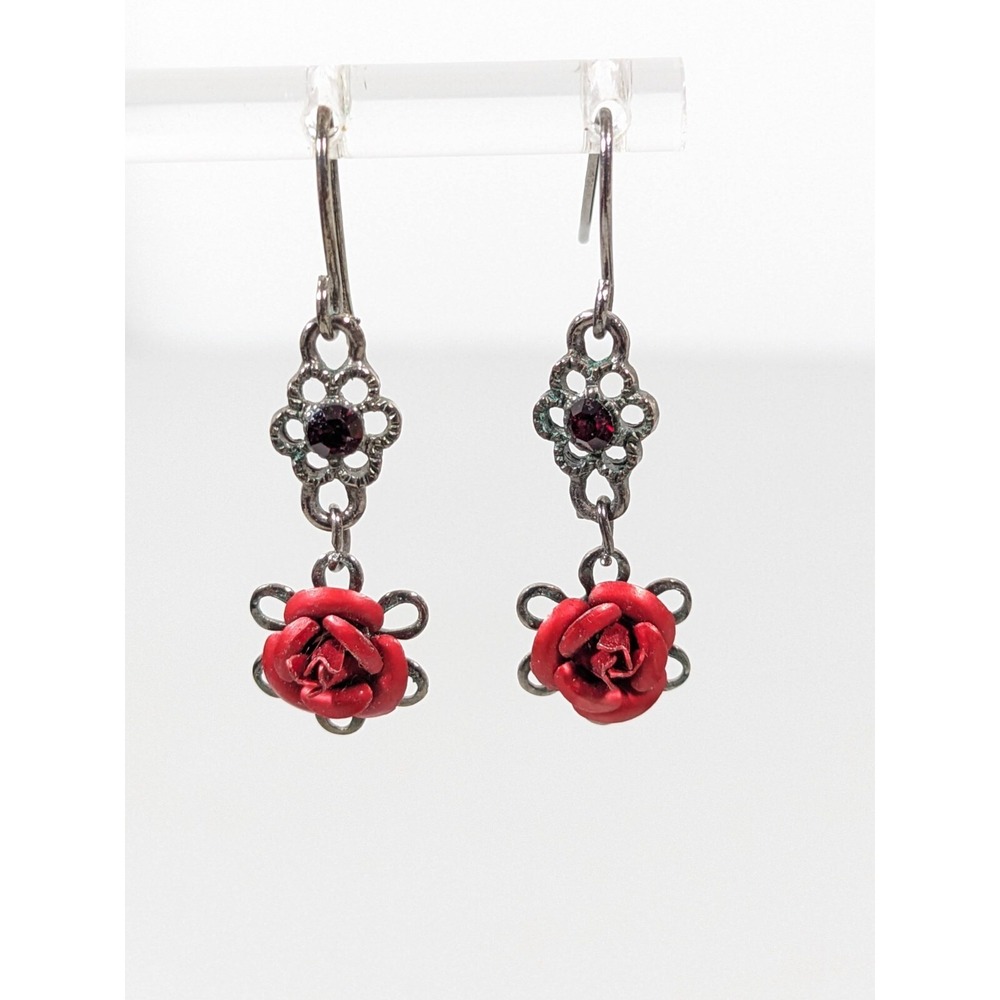 Red Metallic Rose Rhinestone Dangle Earrings Victorian Goth Romantic